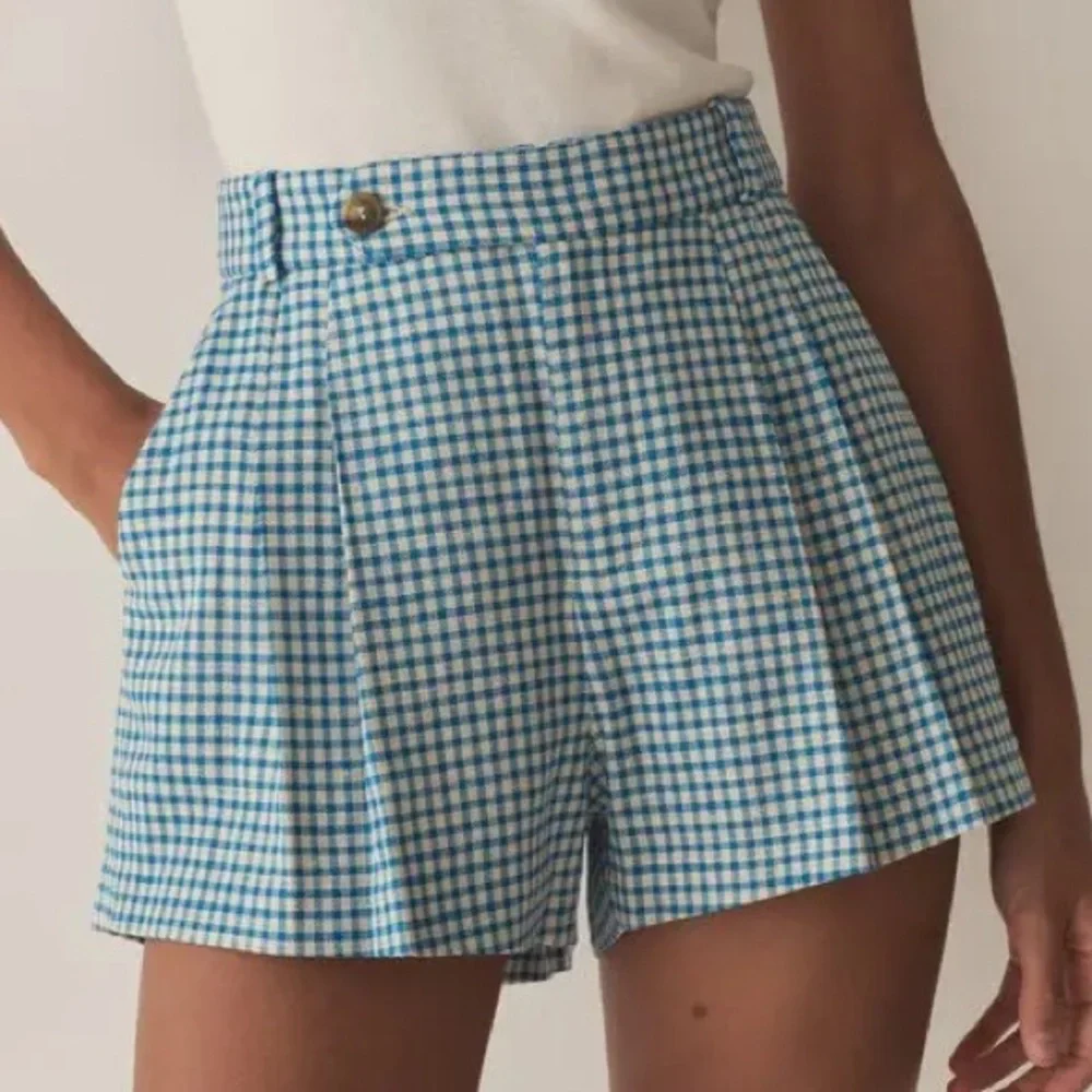 NWT Doen Kingsley Cotton Button High Waist Shorts Southhampton Gingham Blue - Picture 4 of 12